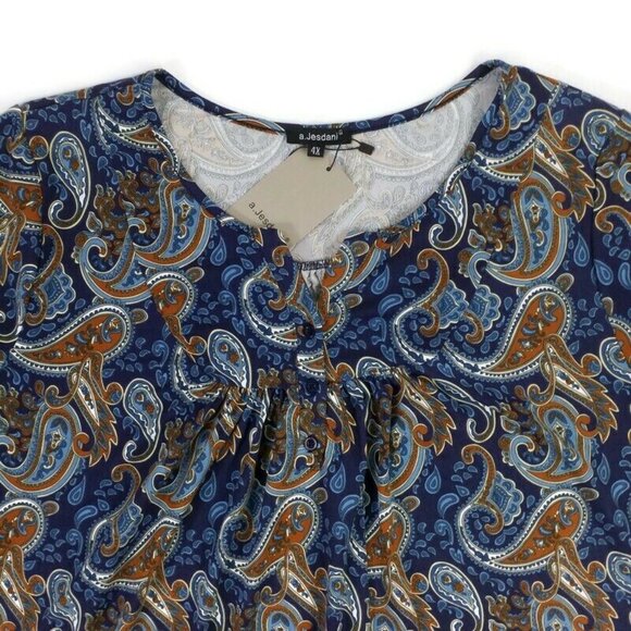 A. Jesdani Blue Brown Paisley Print Short Sleeve Henley Style Knit Top Womens 4X - Picture 4 of 14